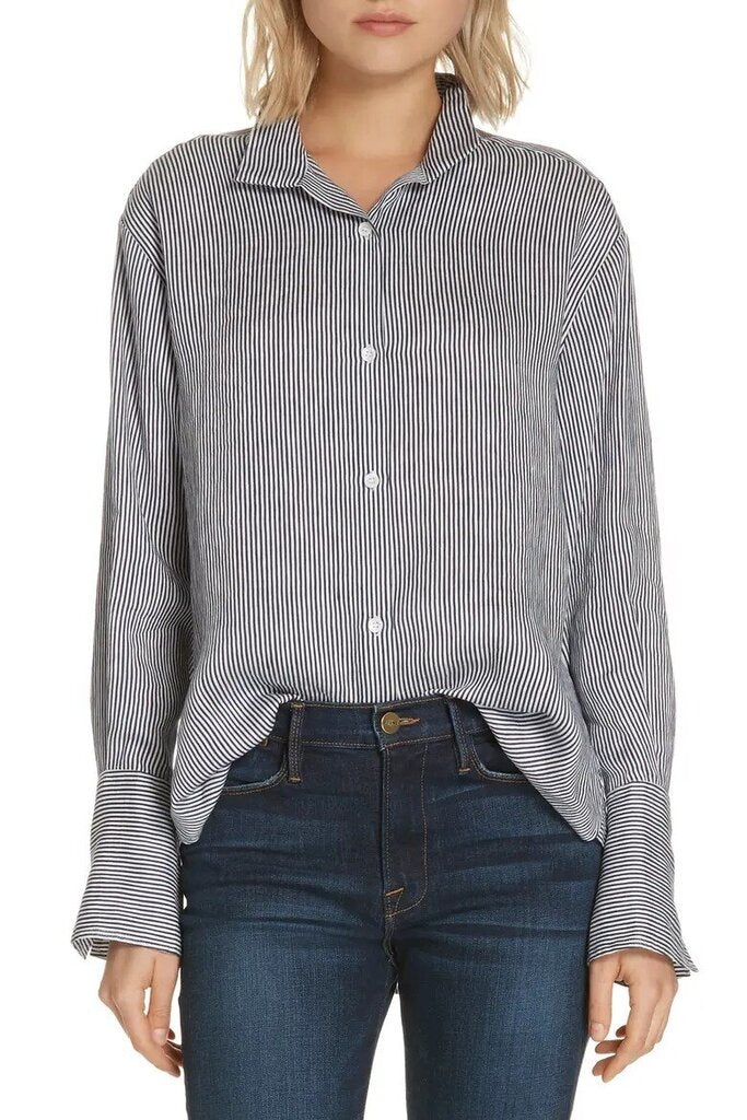 Frame Stripe Linen Blend Shirt in Navy Multi - Size XS