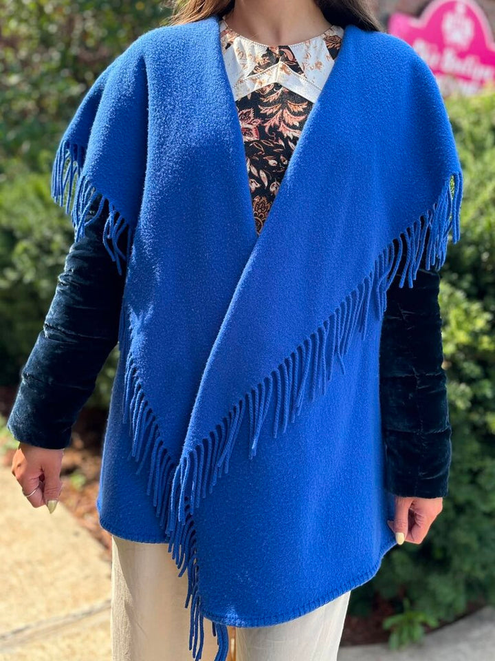 Moncler Mantella Fringed Shawl-Collar Quilted-Sleeve Wool Cape - Size Small