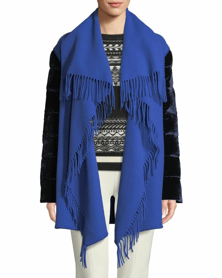 Moncler Mantella Fringed Shawl-Collar Quilted-Sleeve Wool Cape - Size Small