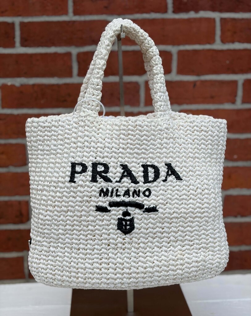 Prada Raffia NWT Crochet Small Tote Bag In White