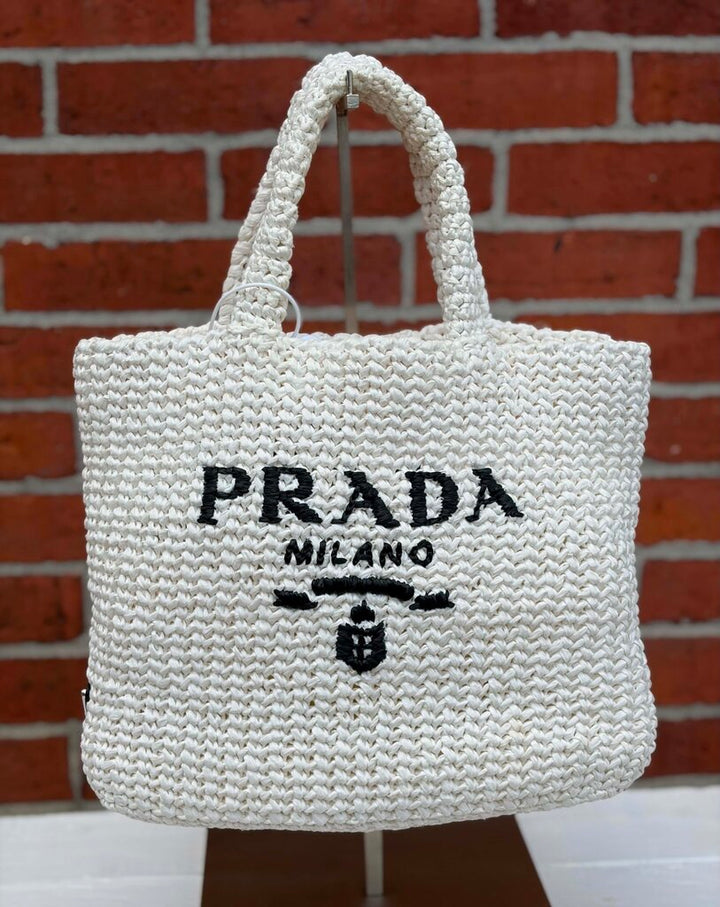 Prada Raffia NWT Crochet Small Tote Bag In White