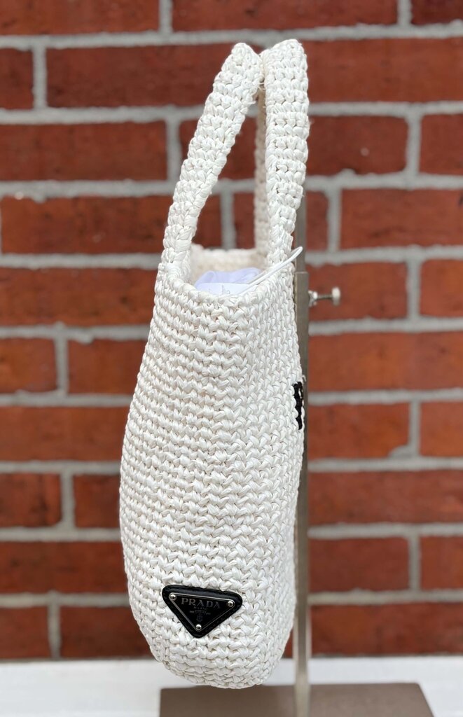 Prada Raffia NWT Crochet Small Tote Bag In White
