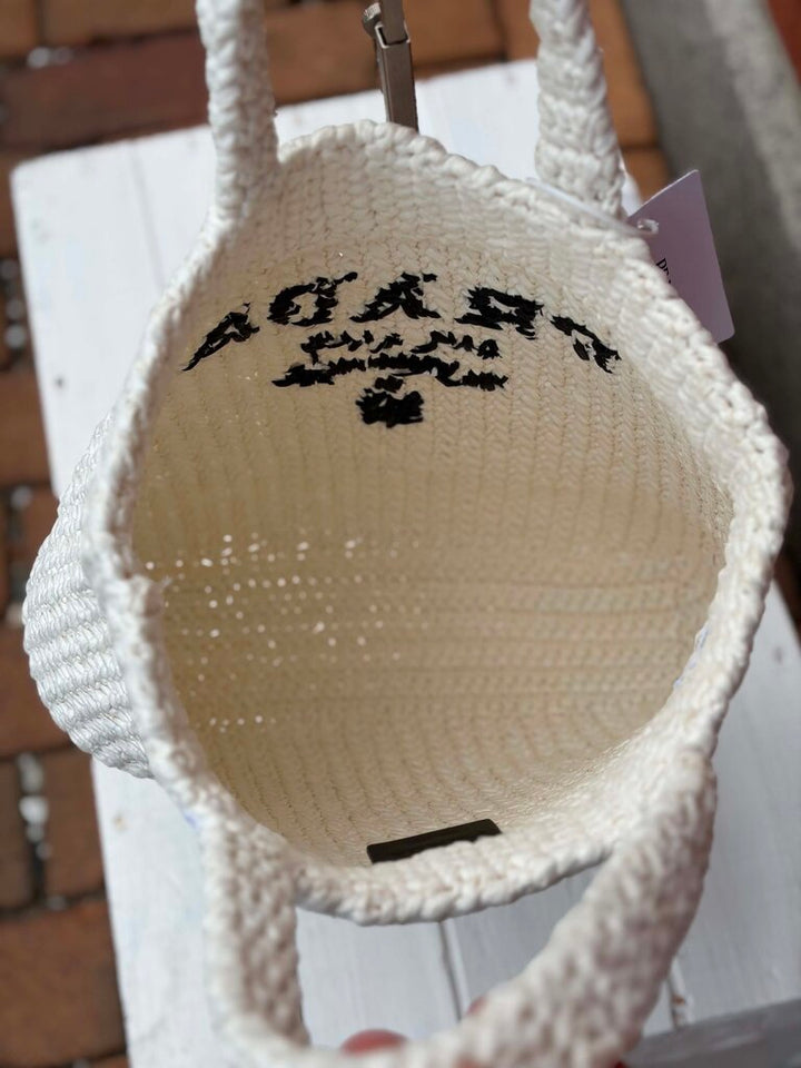 Prada Raffia NWT Crochet Small Tote Bag In White