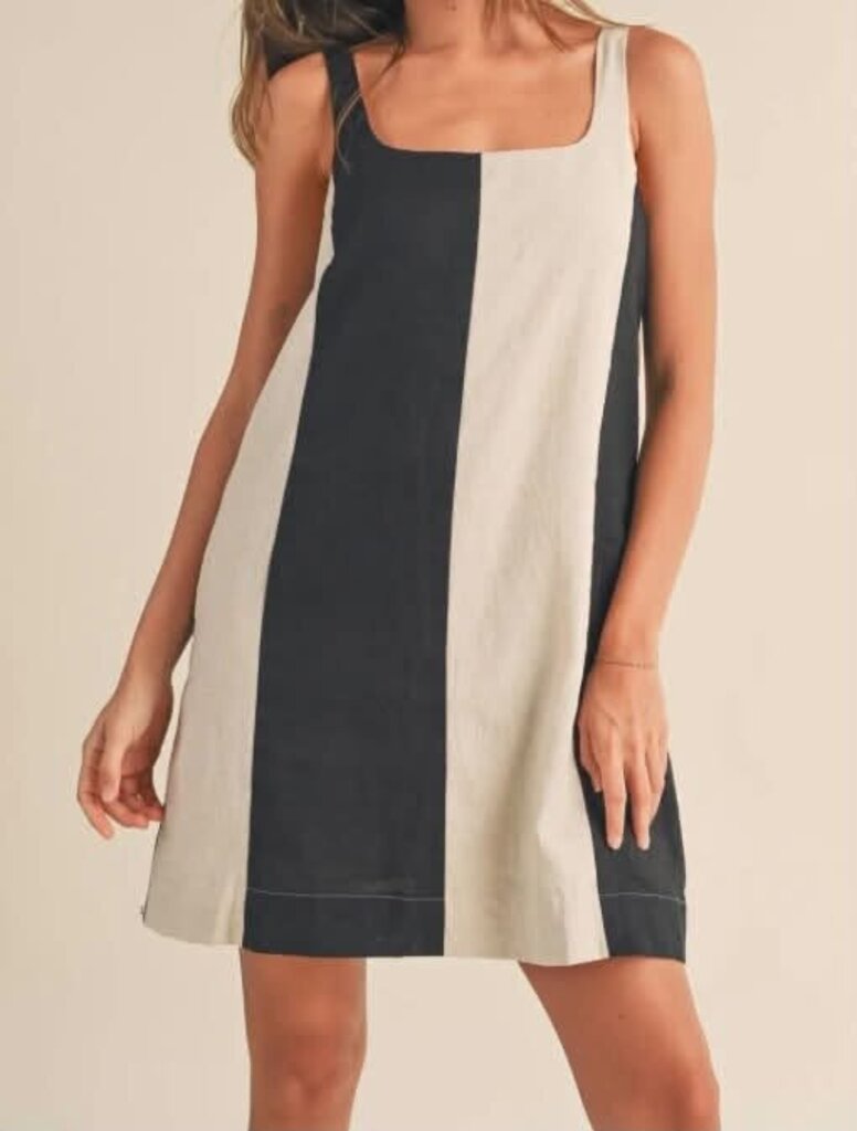 Miou Muse Striped Linen Mini Dress In Black/Oatmeal - Size Large