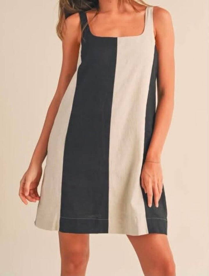 Miou Muse Striped Linen Mini Dress In Black/Oatmeal - Size Large