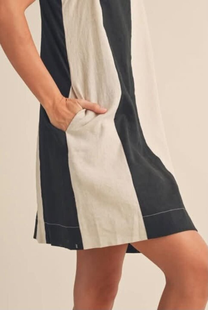 Miou Muse Striped Linen Mini Dress In Black/Oatmeal - Size Large