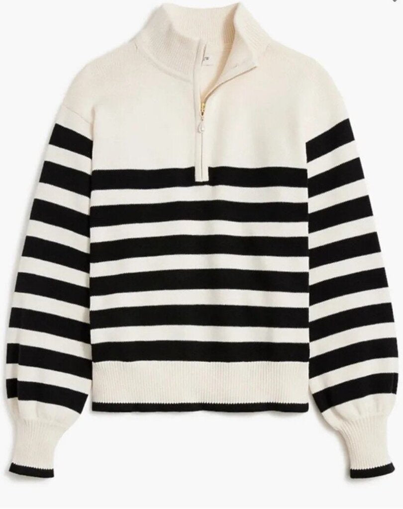J Crew Striped Half-Zip Sweater with Pearl Zipper - Size Small