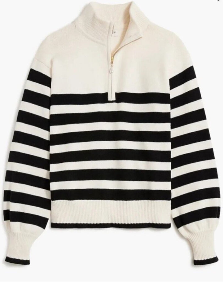 J Crew Striped Half-Zip Sweater with Pearl Zipper - Size Small