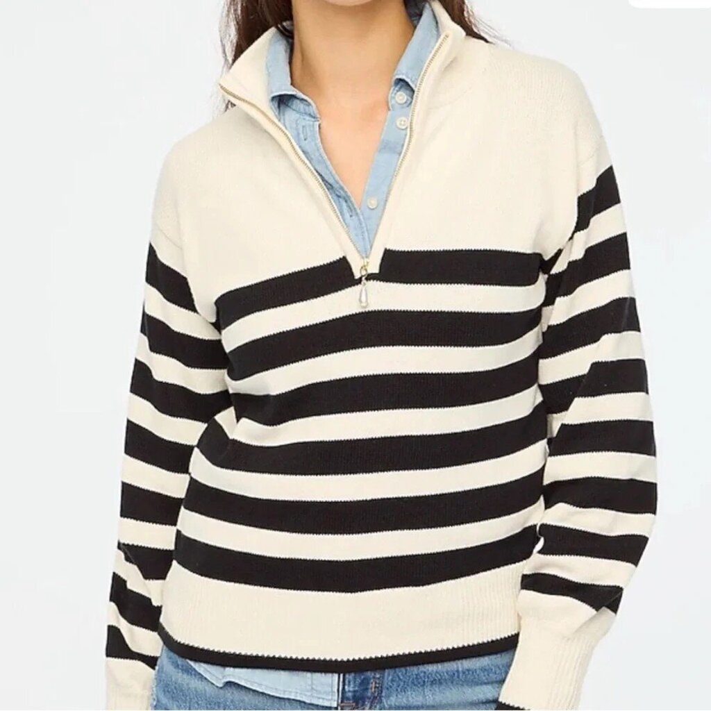 J Crew Striped Half-Zip Sweater with Pearl Zipper - Size Small