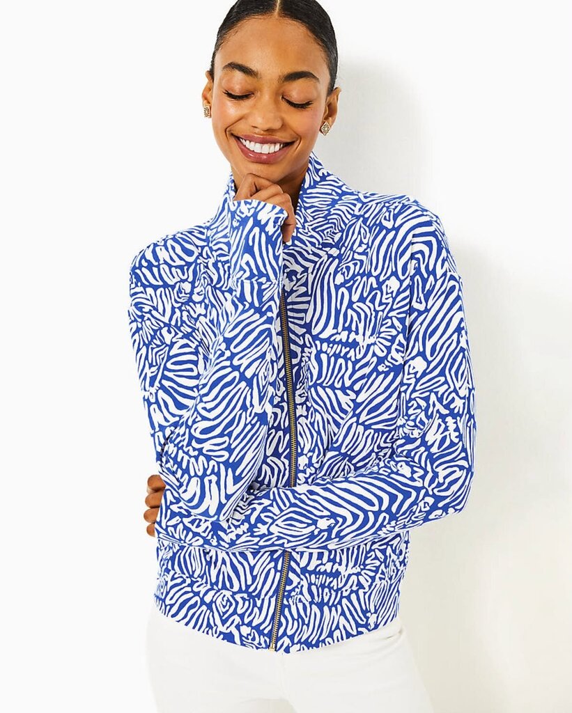 Lilly Pulitzer Wrenley UPF 50+ Zip Up in Martinique Blue Zee Bebe - Size Large