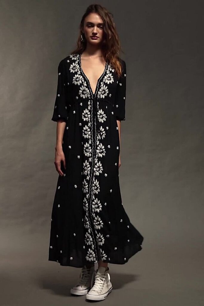 FP Embroidered Fable Midi Dress in B&W- Size Large