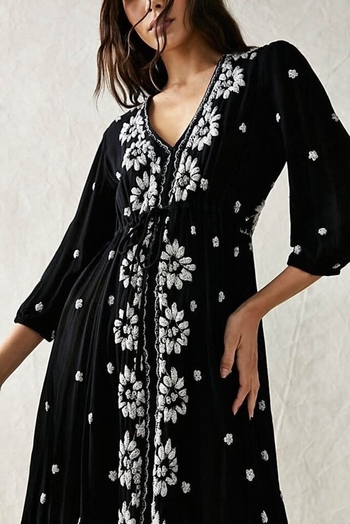 FP Embroidered Fable Midi Dress in B&W- Size Large