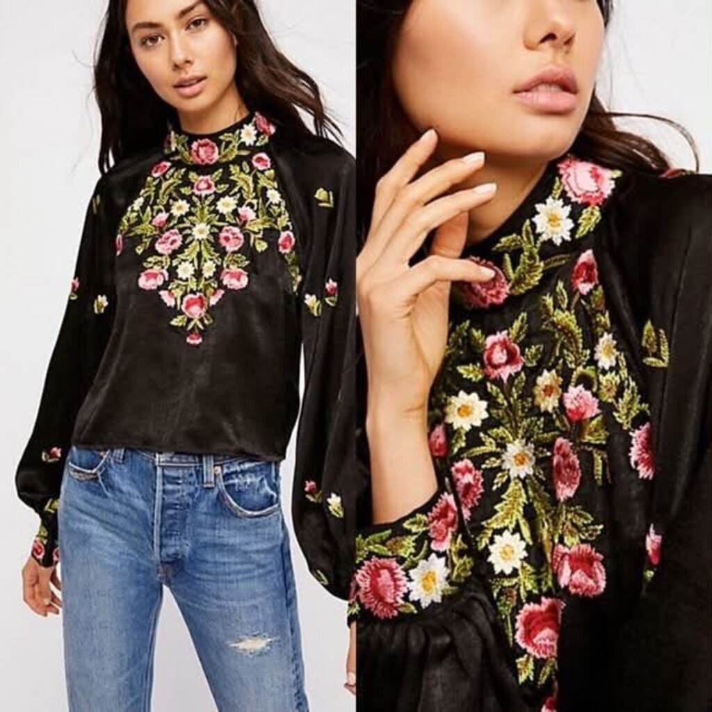 Free People Long Sleeve Embroidered Floral Blouse - Size Large