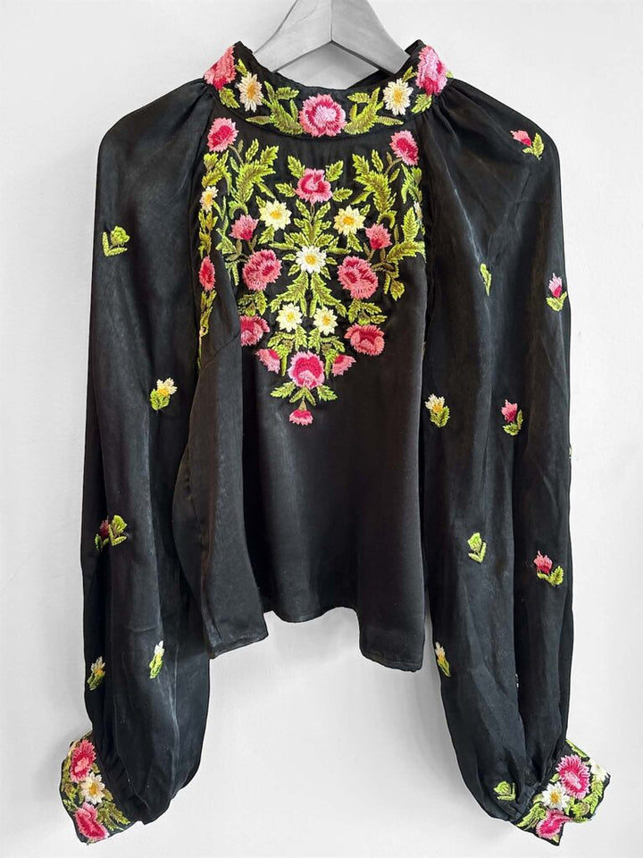 Free People Long Sleeve Embroidered Floral Blouse - Size Large
