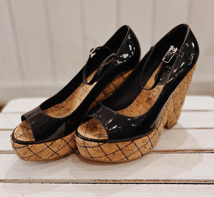 Chanel Interlocking CC Logo Patent Leather Quilted Cork Wedges - Size 39.5