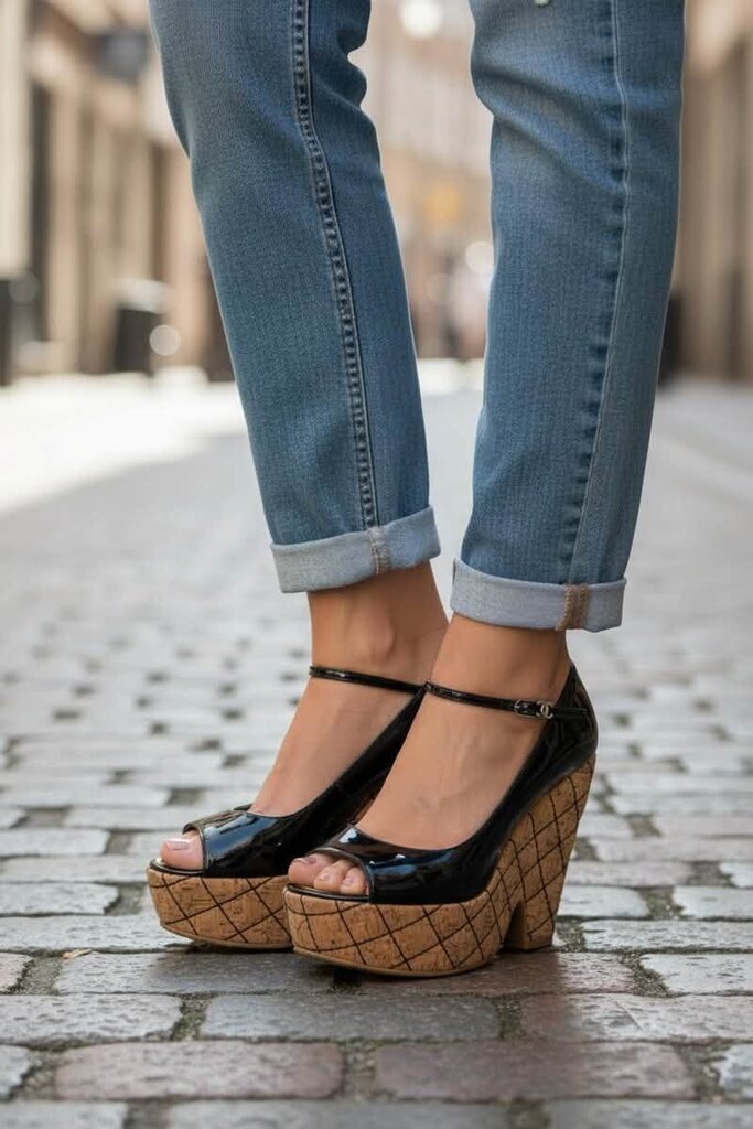 Chanel Interlocking CC Logo Patent Leather Quilted Cork Wedges - Size Approx. 39.5