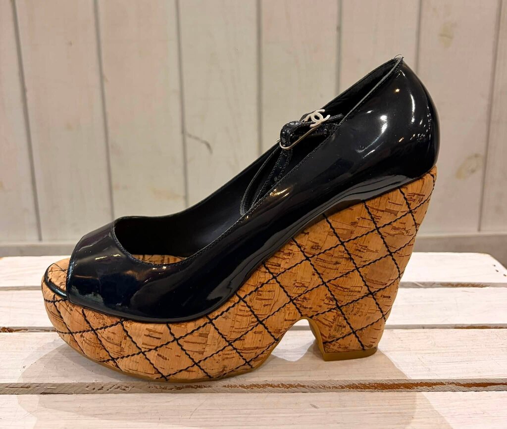 Chanel Interlocking CC Logo Patent Leather Quilted Cork Wedges - Size 39.5