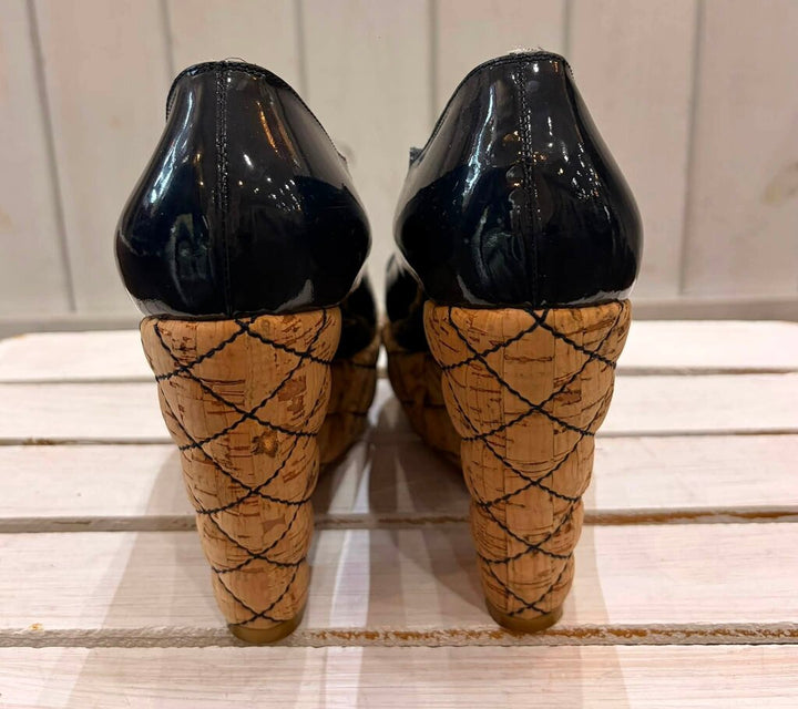 Chanel Interlocking CC Logo Patent Leather Quilted Cork Wedges - Size 39.5