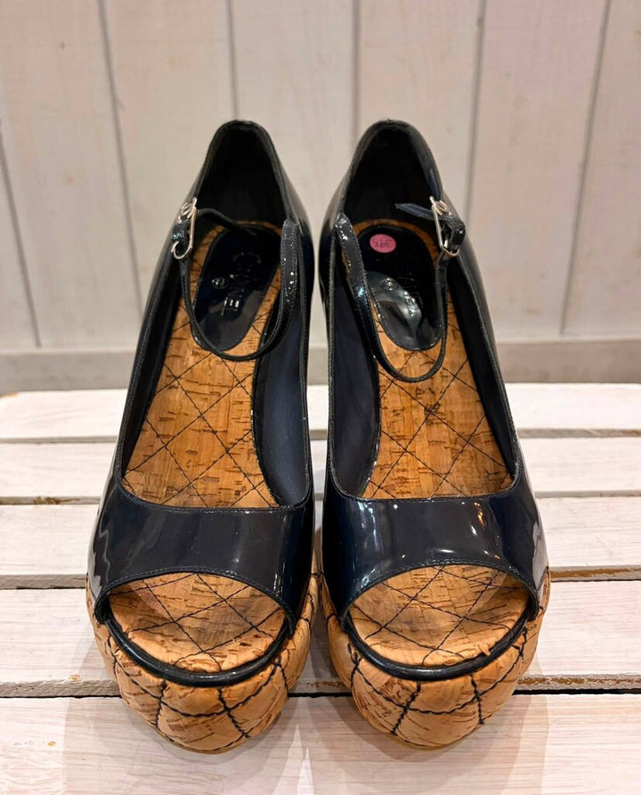 Chanel Interlocking CC Logo Patent Leather Quilted Cork Wedges - Size 39.5