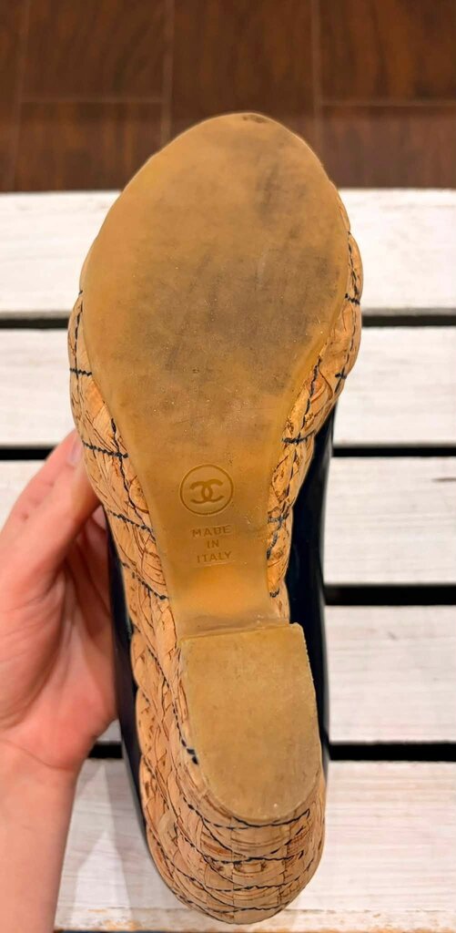 Chanel Interlocking CC Logo Patent Leather Quilted Cork Wedges - Size 39.5