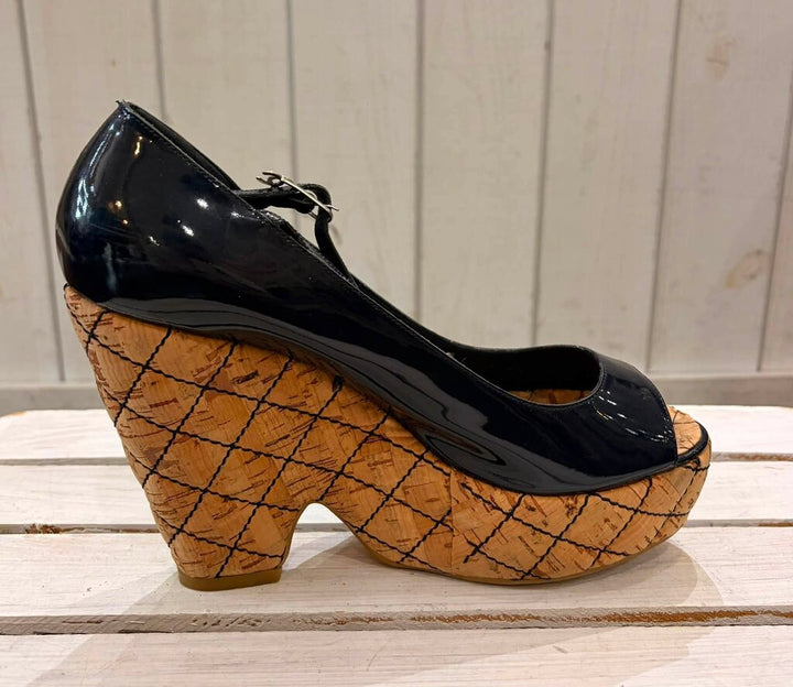 Chanel Interlocking CC Logo Patent Leather Quilted Cork Wedges - Size 39.5