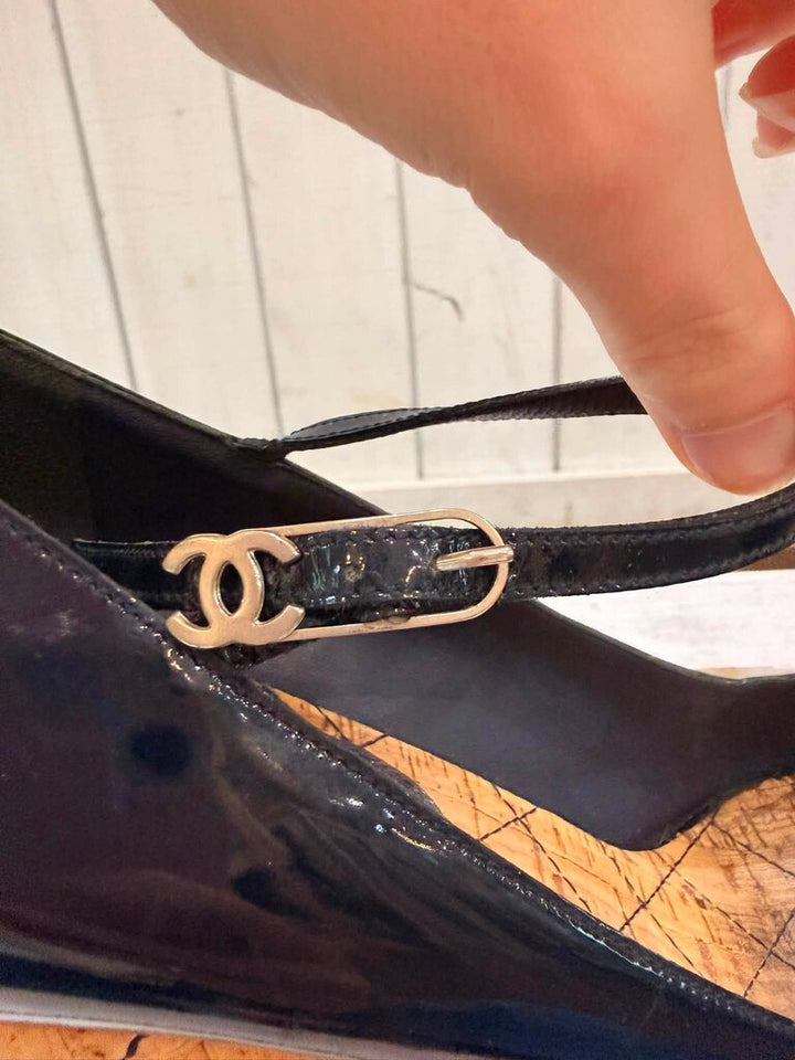 Chanel Interlocking CC Logo Patent Leather Quilted Cork Wedges - Size 39.5