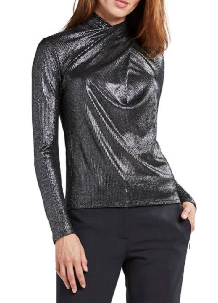 Elie Tahari Keilani High-Neck Metallic Long-Sleeve Knit Top - Size Large