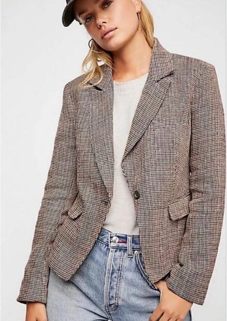 Free People Chess Plaid Blazer Jacket In Garnet - Size Medium