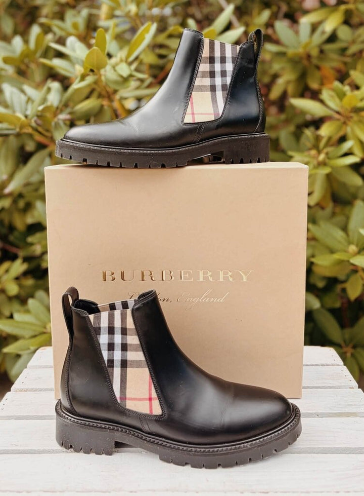 Burberry Allostock Check Leather Chelsea Boots - Size 37 (Retails for $1,050)
