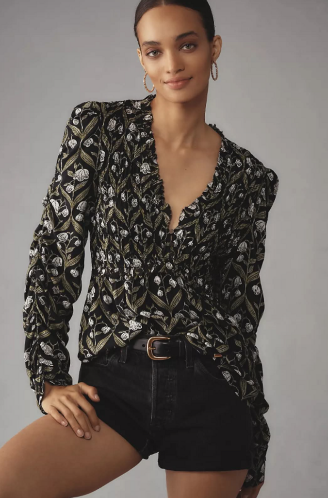 Anthropologie NWT Ruched-Sleeve V-Neck Top (Retails For $118) - Size XS
