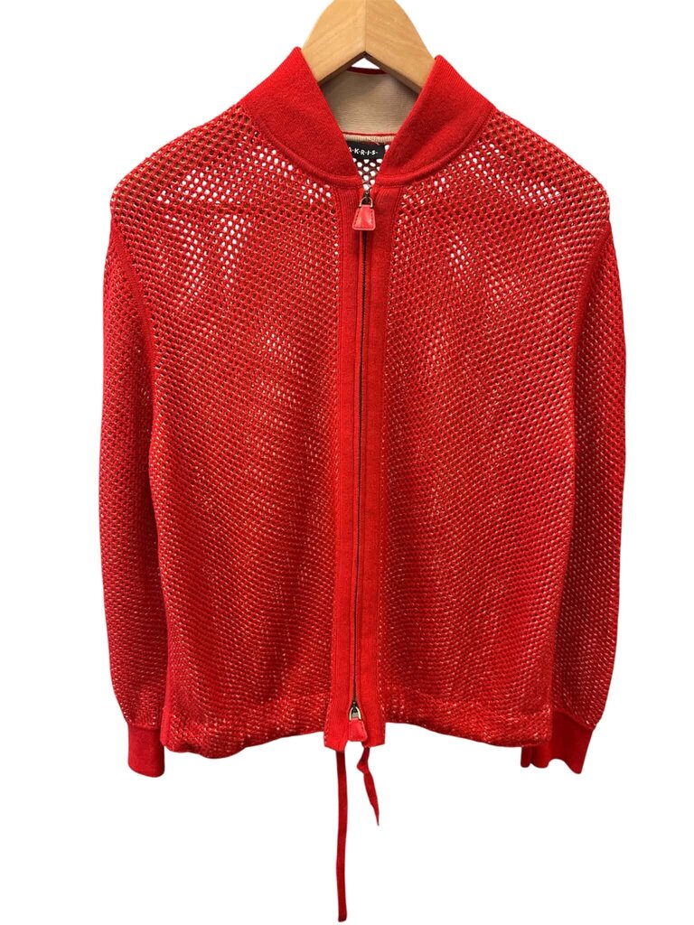 Akris Cashmere Blend Open Knit Mesh Zip-Front Bomber Cardigan - Size 14