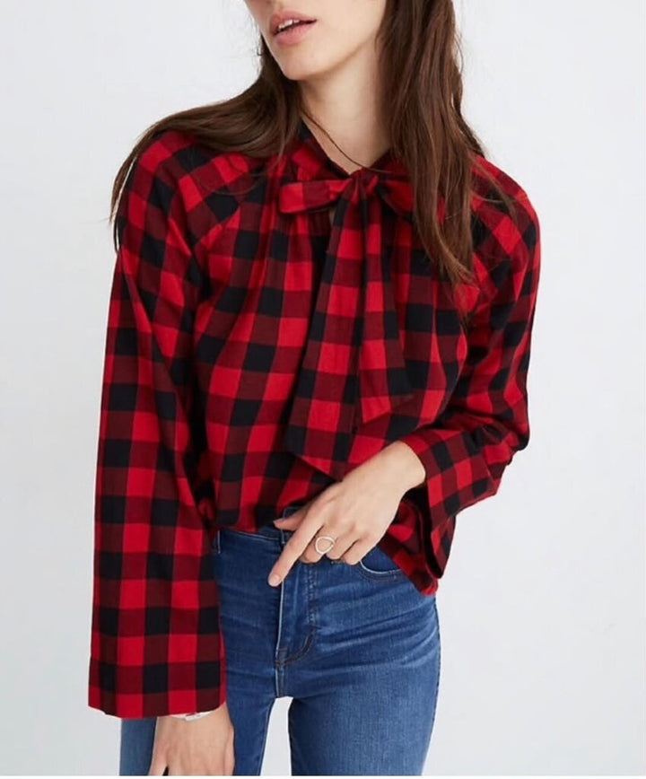 Madewell Tie-Neck popover Shirt In Buffalo Check - Size Small