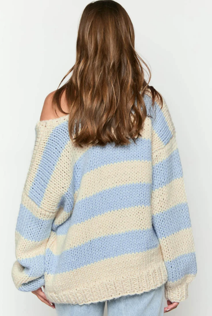 Beginning Boutique NWT Delvey Striped Chunky Knit Sweater in Light Blue - Size M/L