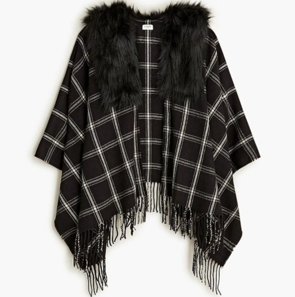 J Crew NWT Plaid Faux Fur Cape with Fringe - One Size
