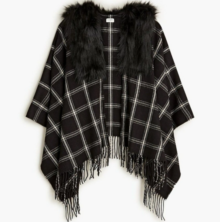J Crew NWT Plaid Faux Fur Cape with Fringe - One Size