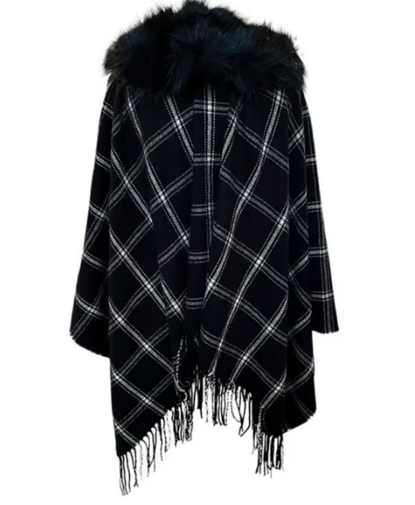 J Crew NWT Plaid Faux Fur Cape with Fringe - One Size
