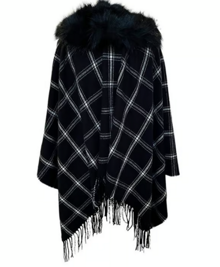 J Crew NWT Plaid Faux Fur Cape with Fringe - One Size