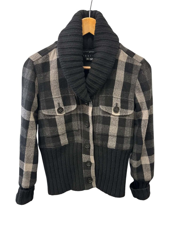 Theory Wool Cashmere Plaid Knit Jacket - Size Small