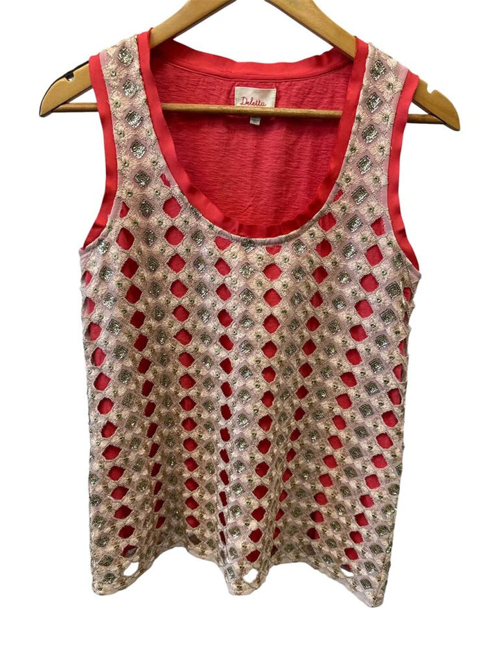Anthropologie Deletta Coral Metallic Sequin Diamond Cut Out Tank - Size XS