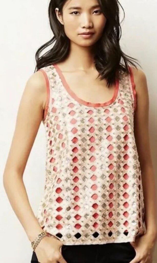 Anthropologie Deletta Coral Metallic Sequin Diamond Cut Out Tank - Size XS