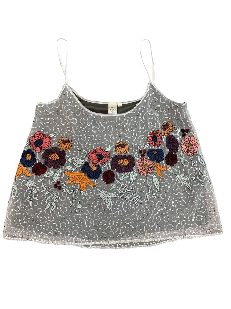 Anthropologie Seen Worn Kept NWT Floral Sheer Sequin Tank - Size Small