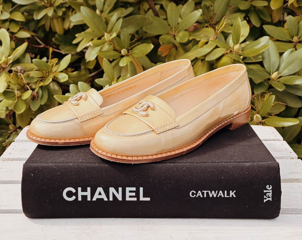 Chanel Beige Patent Leather CC Loafers - Size 38.5