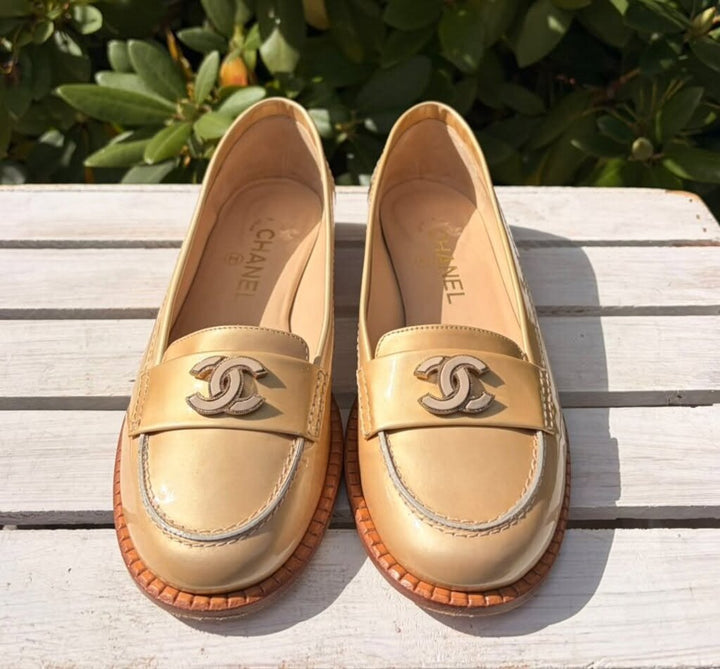 Chanel Beige Patent Leather CC Loafers - Size 38.5
