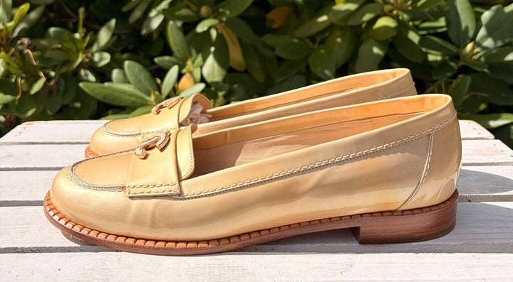 Chanel Beige Patent Leather CC Loafers - Size 38.5