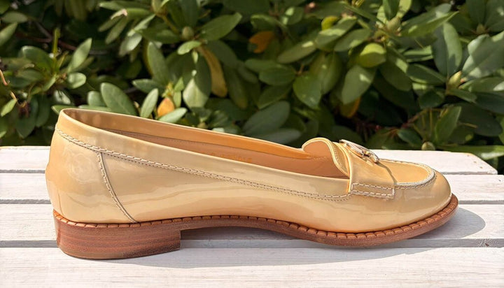 Chanel Beige Patent Leather CC Loafers - Size 38.5