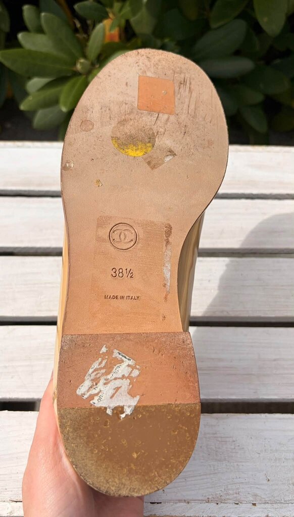 Chanel Beige Patent Leather CC Loafers - Size 38.5