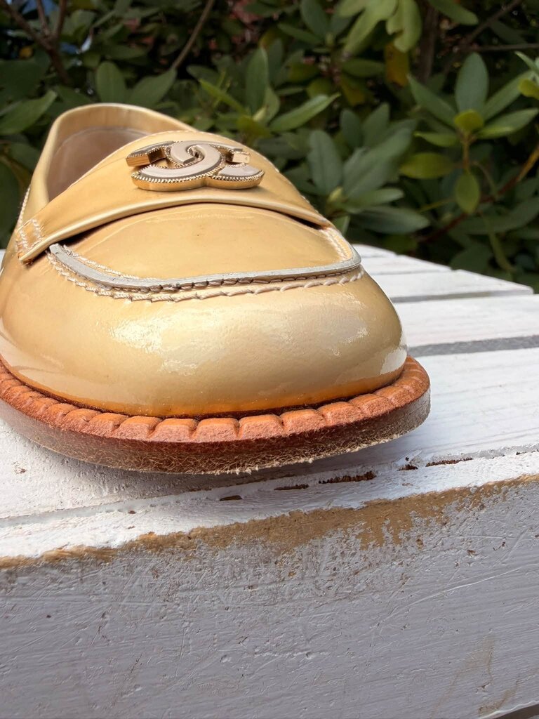 Chanel Beige Patent Leather CC Loafers - Size 38.5