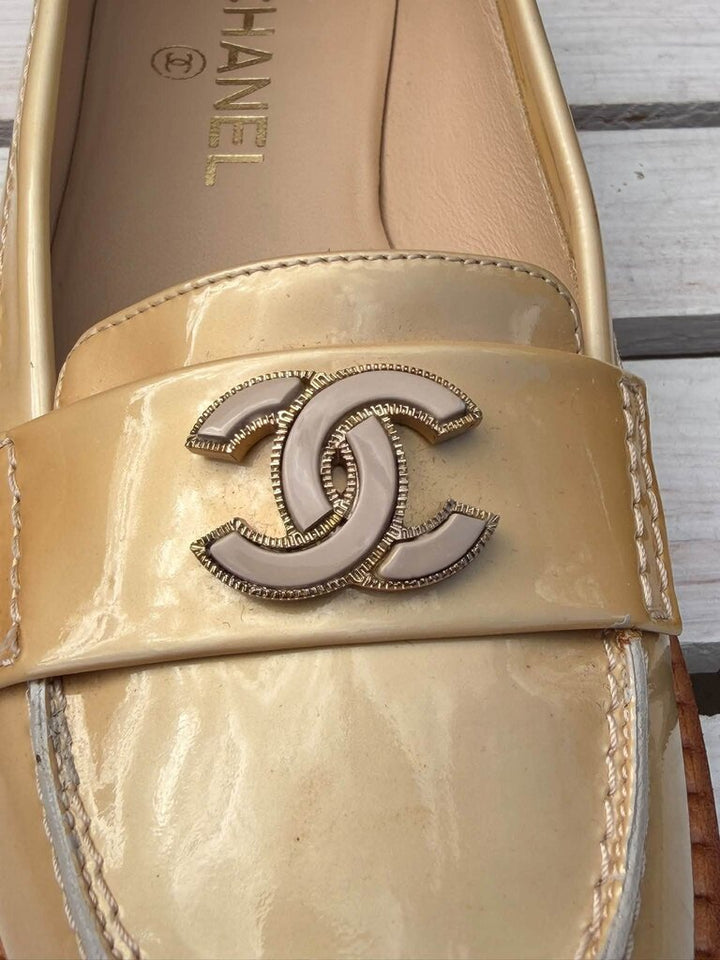 Chanel Beige Patent Leather CC Loafers - Size 38.5