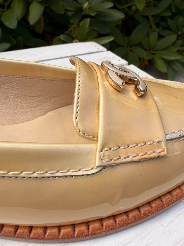 Chanel Beige Patent Leather CC Loafers - Size 38.5