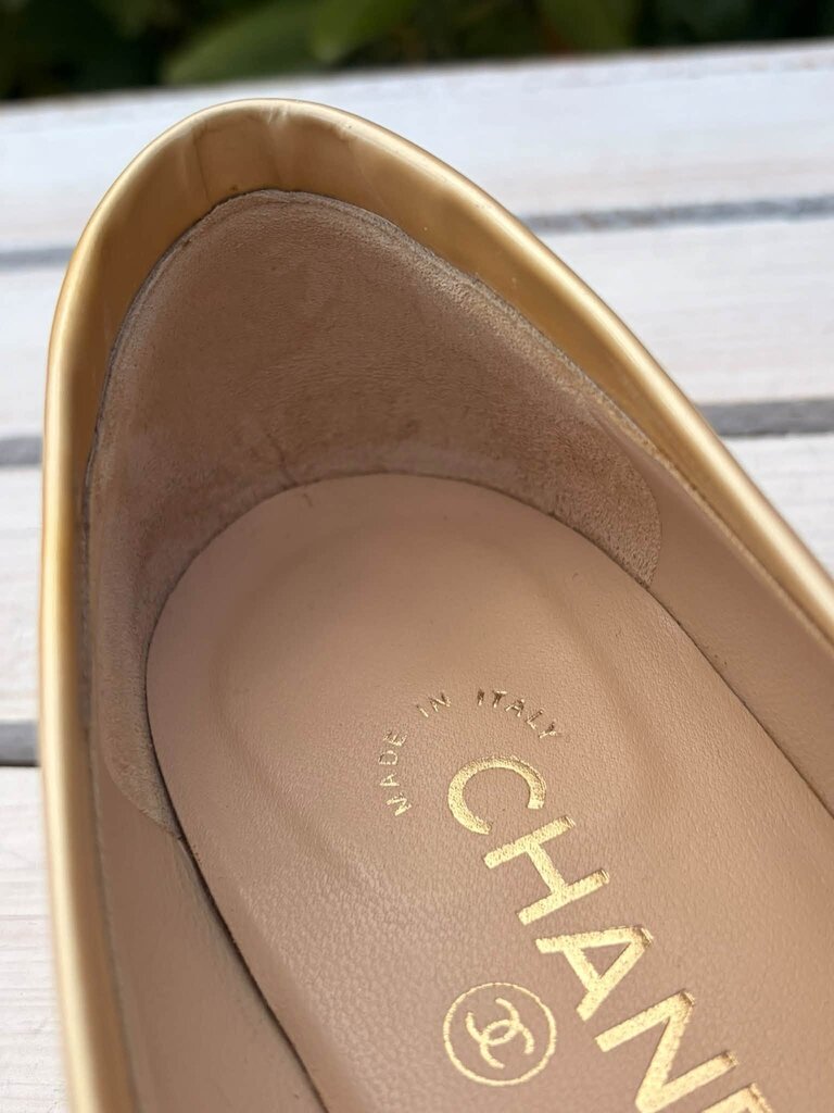 Chanel Beige Patent Leather CC Loafers - Size 38.5